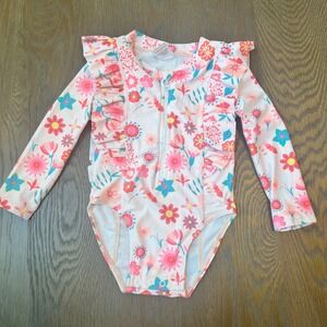 🌊Girls Floral Long Sleeve Rash Guard One Piece Swimsuit Ruffles Pink 2T